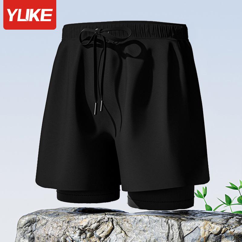 Men s Double Layer Quick-Dry Swim Trunks - Anti-Embarrassment Boxer Briefs, New Style Professional Beach Pants, Adult Five-Point Swimming Gear 4XL (Weight 165-185 Jin)