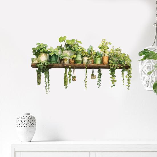 Green Plant Wall Stickers, Realistic Pothos Leaves Hanging Basket Plant Stickers, Decorative Wall Decals, Peel & Stick Wall Sticker