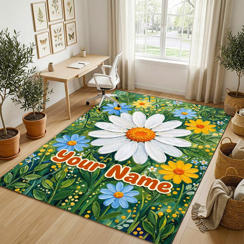 Floral Garden Art Theme Soft Crystal Velvet Rug Custom Name & Text Print Non Slip Floor Rug for Bedroom Living Room