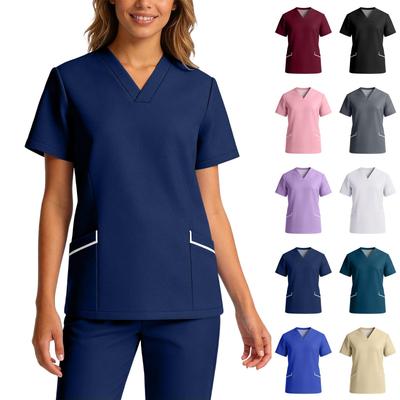Uniforme de Trabalho para Cuidador Feminino com Bolso, Manga Curta, Decote em V, Elástico e Secagem Rápida
