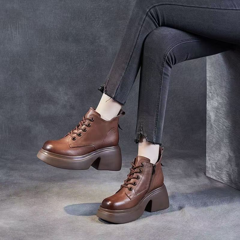 Women's Autumn Winter Block Heel Leather Ankle Boots Thick Sole Non Slip Round Toe Zippers Waterproof Plush Warm Cotton Boots