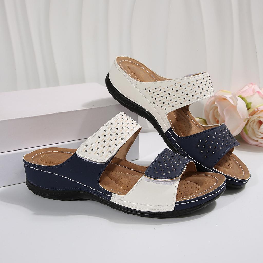 Women's White & Golden Synthetic Cover Slip-On Sandals - Open-Toe Flat Heel with Breathable Perforations, Cushioned Insole, Comfortable Footwear