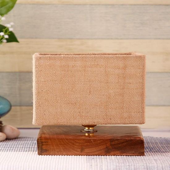 18.79 Cm Square Beige Jute Shade Table Lamp with Wood Base Home Decor, Office, Room, Study Room Decor