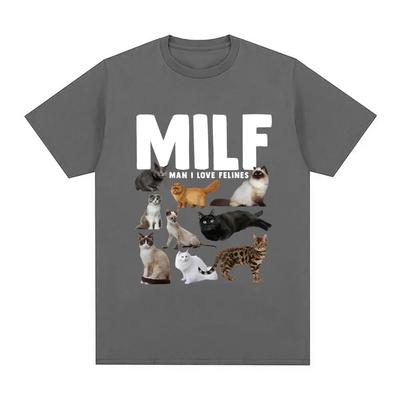 MILF Man I Love Felines Zábavné Meme Tričko so Potlačou Vzorom Milovníka Mačiek Bežné Krátke Pohodlné Bežné Čistá Bavlna Tričko