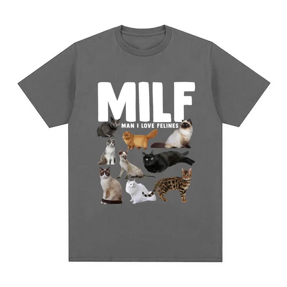 MILF Man I Love Felines Fun Meme T-shirt with Cat Lover Pattern Print Casual Short Comfortable Casual Pure Cotton T-shirt