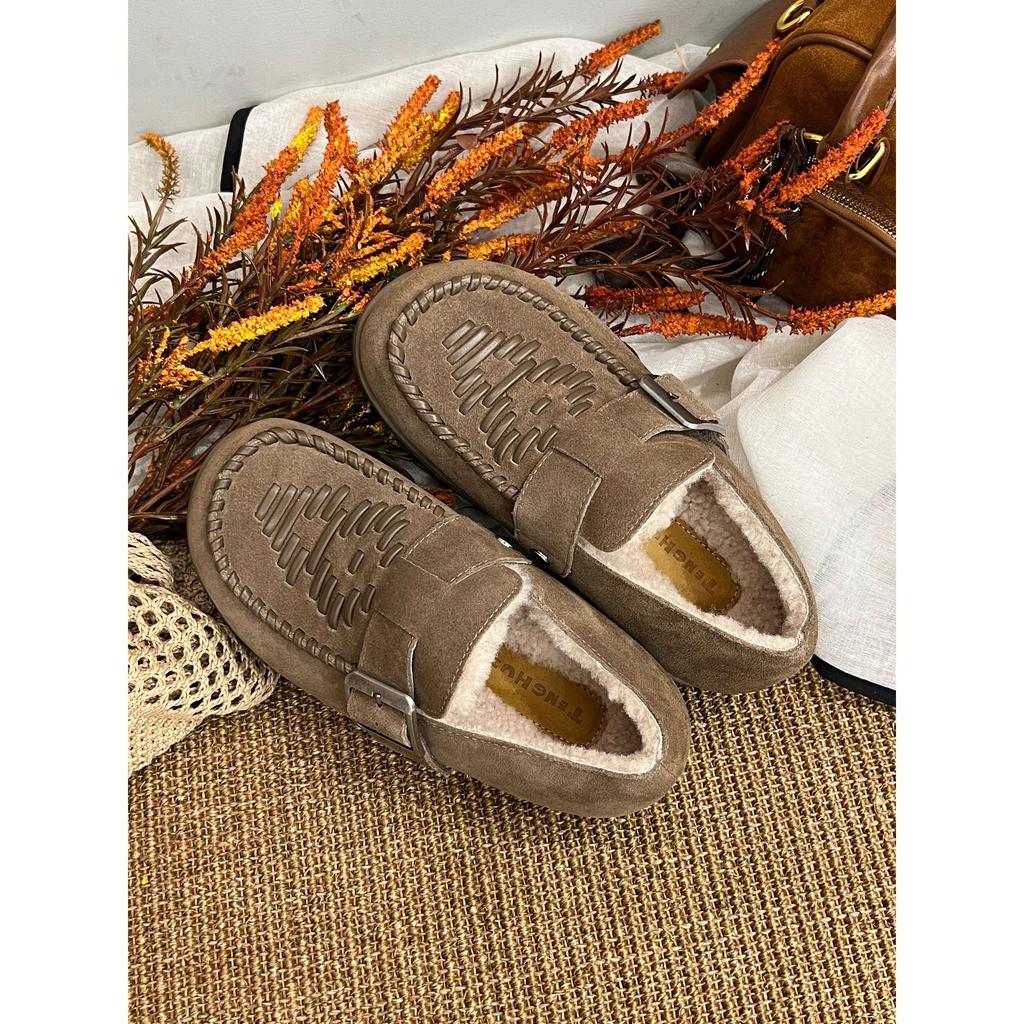 British style fringed woven beef anti-velvet surface autumn and winter new round head leather deep mouth fluffy Birkenstocks women