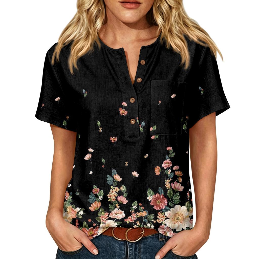 Women’s Fashion Printed Short Sleeve Cotton Linen Shirt with Henley Button Neckline and Chest Pocket for Casual Wear