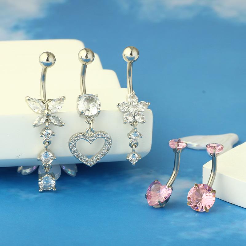 Heart-Shaped Rhinestone Belly Button Ring 5-Piece Set
