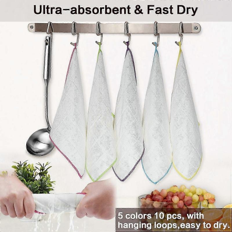 10PCS Bamboo Dish Cloths Towels Kitchen Cloths for Cleaning Dishcloths Washable Absorbent Machine Washable, Random Colors