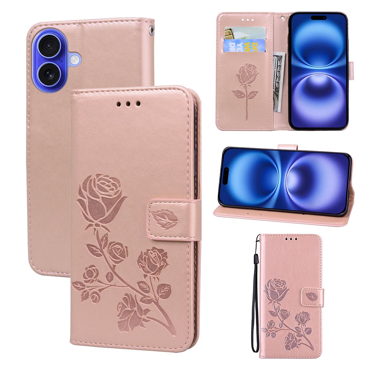 

For iPhone 16 Case Rose Pattern Leather Wallet Phone Cover with Strap Rose Gold