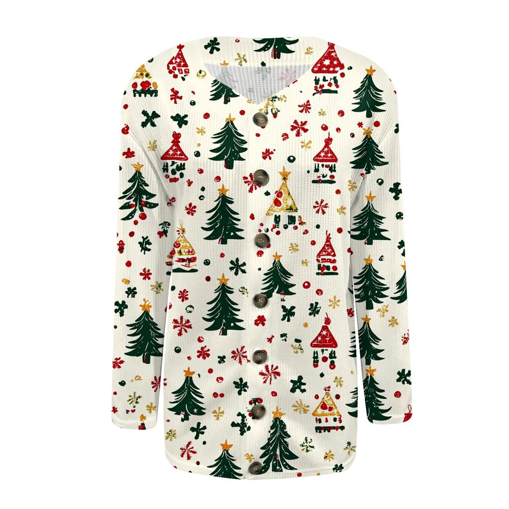 Women's Fashion Print Long Sleeve Knitted Cardigan Button Up Jacket