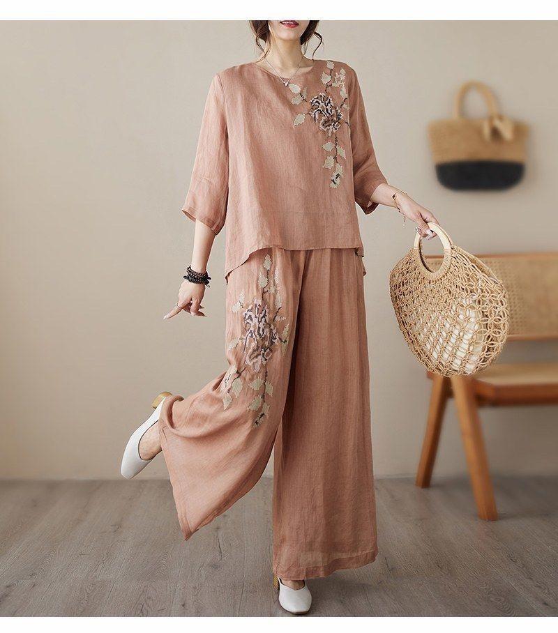 Damen Mode Baumwolle Leinen Bluse Koreanische Frauen Stickerei Zweiteiliger Anzug Sommer Damen Große Größe Weite Hosen