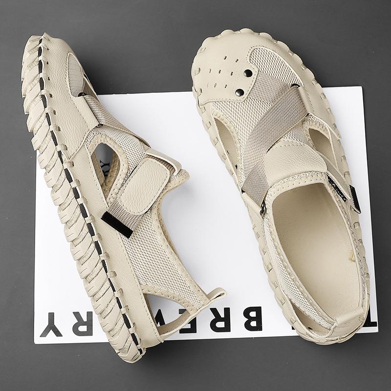 Summer Leather Men's Sandals Handmade Beach Shoes Soft Rubber Mesh Shoes Comfotable Hollow Out Flats Magic Glue Sneakers Sandaly