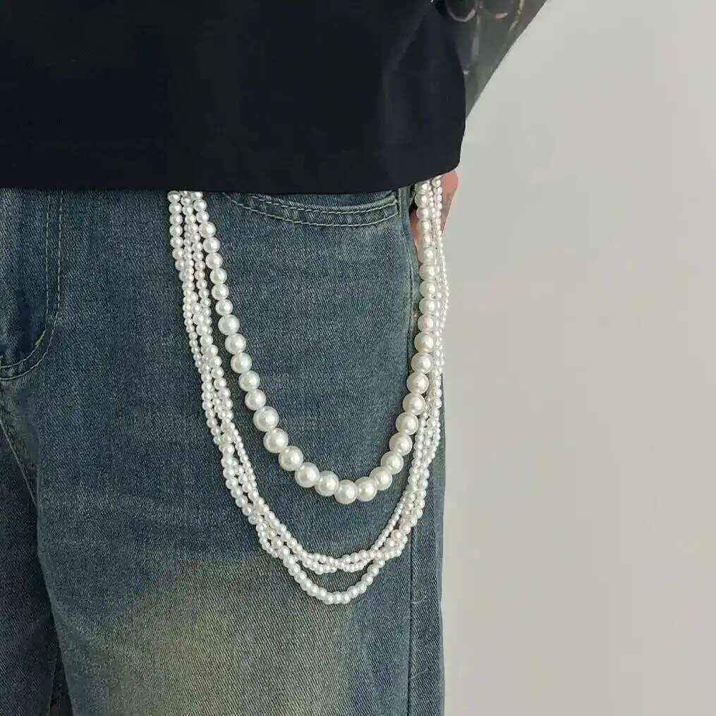 

Salircon Fashion Multilayer Imitation Pearl Belt Pants Chain Men New Daily Wearing Key Wallet Chain Accessories Jewelry белый