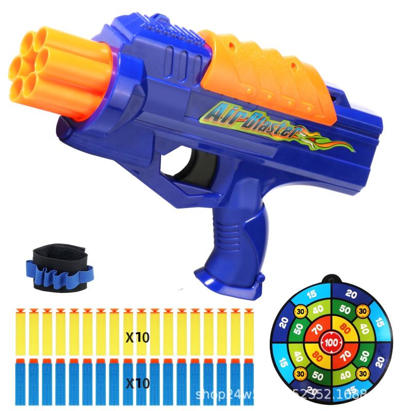 Children 6-Shot Soft Bullet Gun with 20 Bullets Target Wristband Manual Toy Gun Indoor Outdoor Shooting Games Kids Gifts