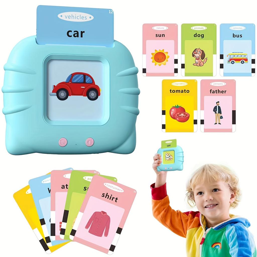 Montessori Play School: Interactive talking card toy for ages 0-3 with 224 bilingual visual word cards and sensory learning materials.