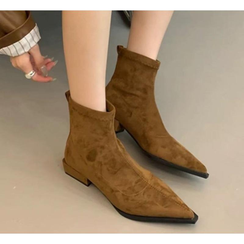 Womens Boots Temperament Pointed Toe Short Boots High Quality Suede Retro Ankle Booties Slim Fit Elastic Short Boots Botas Mujer