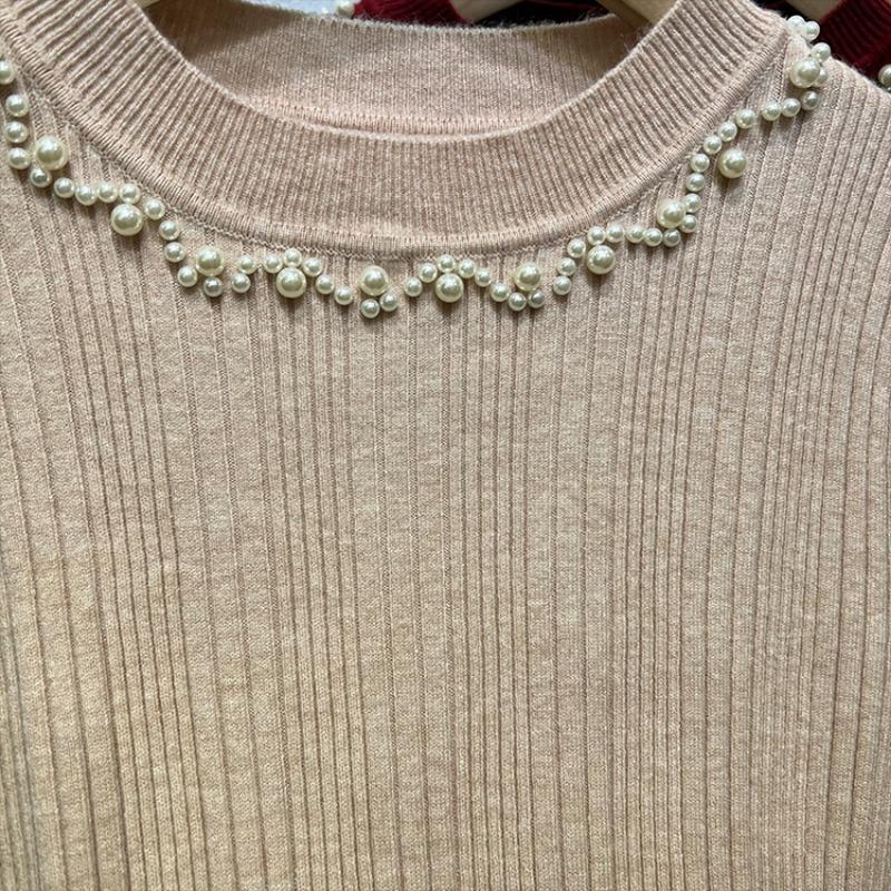 Podzimní Nový Svetr Pletený s Korálky Dlouhý Rukáv Dámský Zimní Slim Fit Základní Pulovr Svetry pro Ženy Módní Elegantní Jednobarevné Teplé Svetry Topy 24868