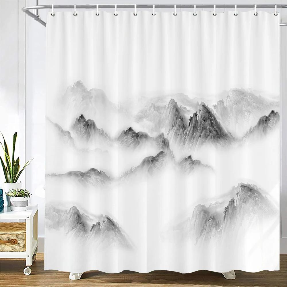 landscape Fabric Shower Curtain Bathroom Curtains Chinese style Ink Scenery Flowers Birds Waterproof Decor Bath Screen with Hook