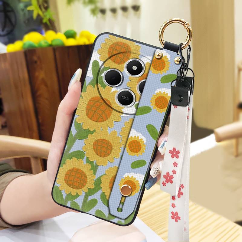 Silicone Soft case Phone Case For Redmi A4 5G Wrist Strap Ring Kickstand Flower Anti-dust Lanyard Phone Holder Durable