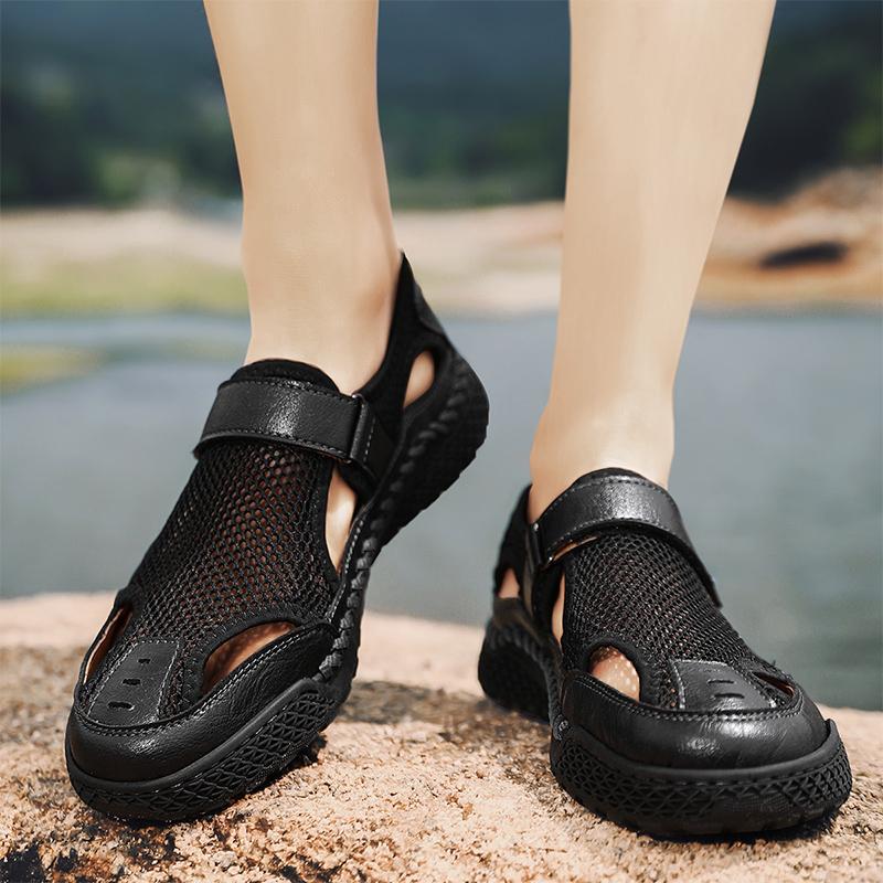 Summer Closed Toe Sandals for Men Sandals Breathable and Versatile Outdoor Handmade Large Beach Shoes Hollow Mesh Shoes