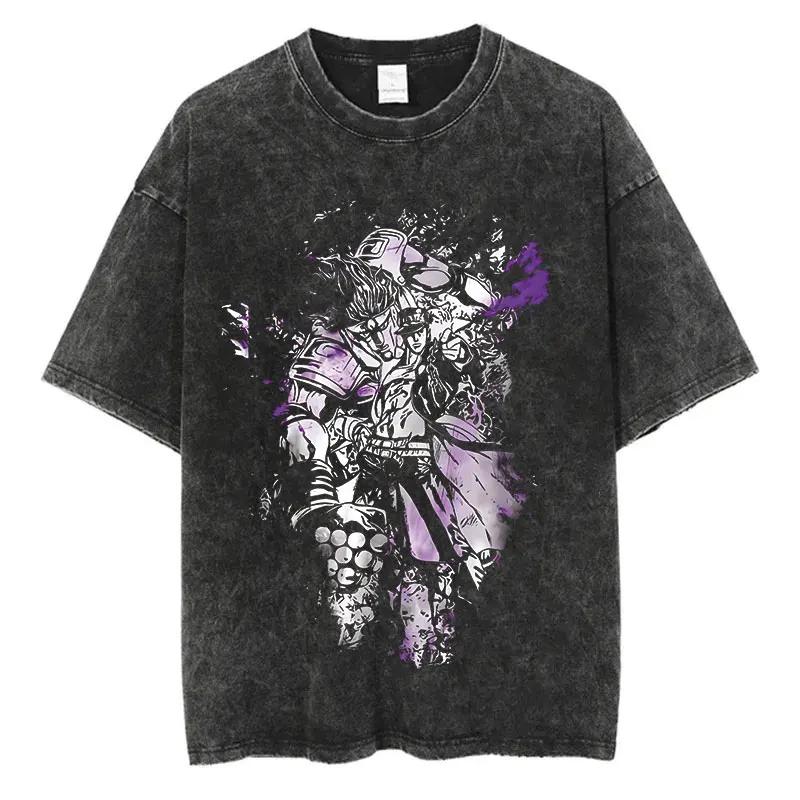 Vintage Washed TShirt Men Summer Hip Hop Streetwear Tshirt JoJo Bizarre Adventure Anime Print Cotton Casual Short Sleeve Tshirt