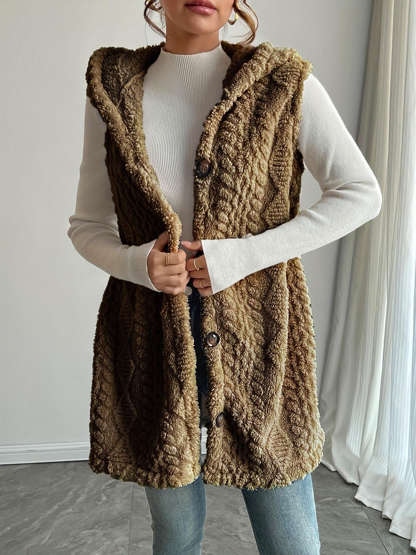 

Popular Style Solid Color Plush Hooded Button Cardigan - Women s Autumn/Winter Casual Vest XXL