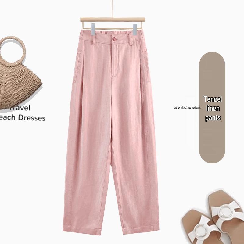 

Женские летние драпирующиеся брюки из тенселя и льна 2025 - Удобные, стройнящие, универсальные брюки в стиле гарун L (105-115 lbs)