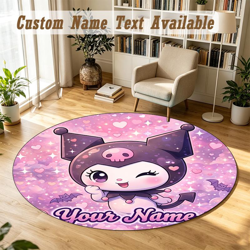 Kuromi Personalized Round Rug Support Custom Name, Soft Home Decor Mat
