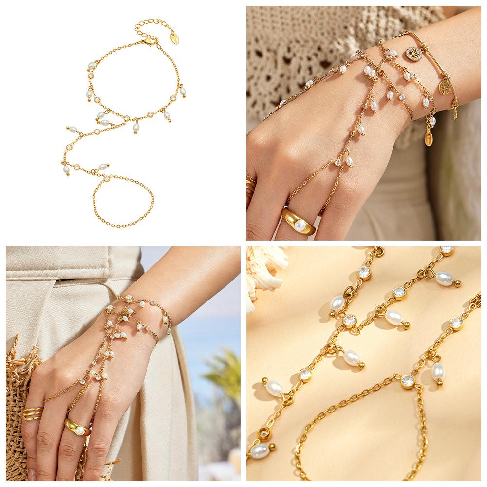 Fashion Niche Imitation Pearl Super Flash Zircon Bracelet Stainless Steel 18k Gold Plated High-end Female Finger Chain