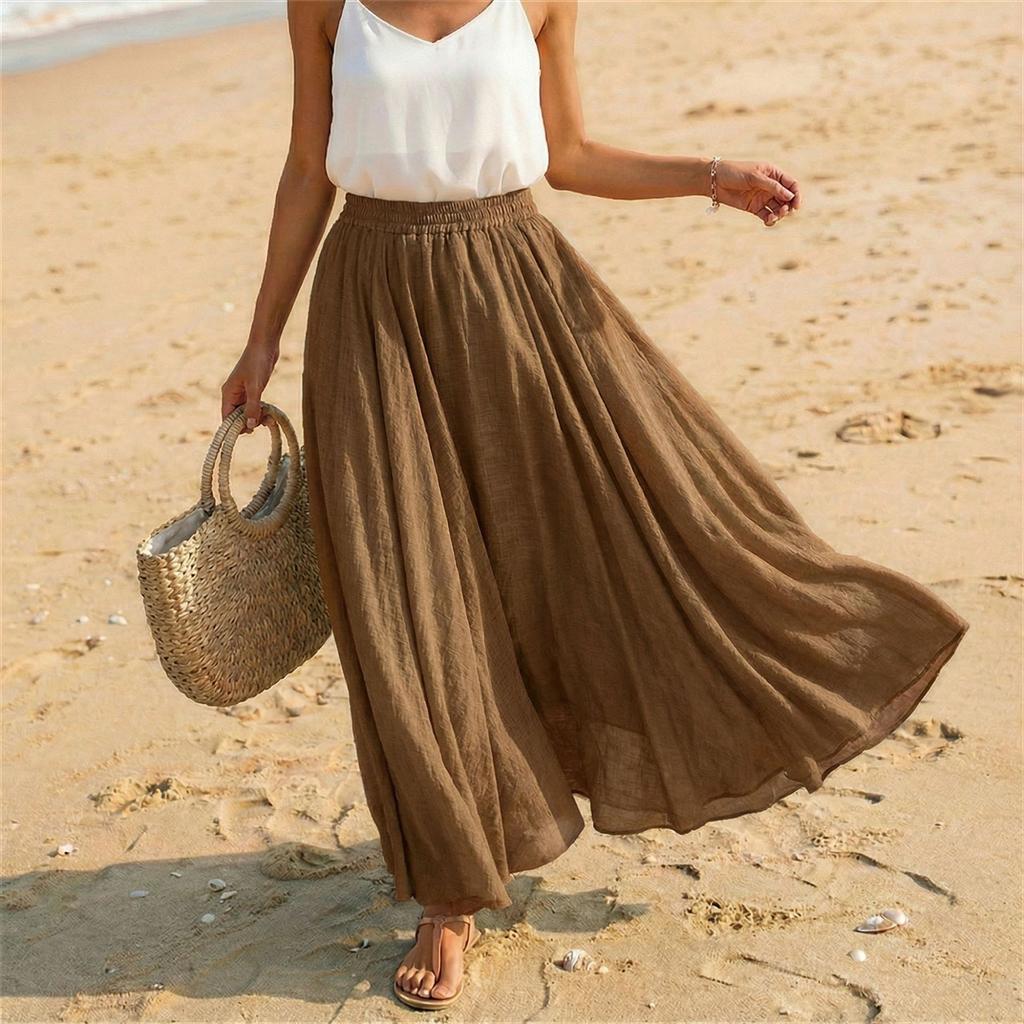 Women Casual Holiday Solid Cotton Linen Long Skirt A Line Beach Midi Skirt Elastic Waist Lightweight Flowing Design