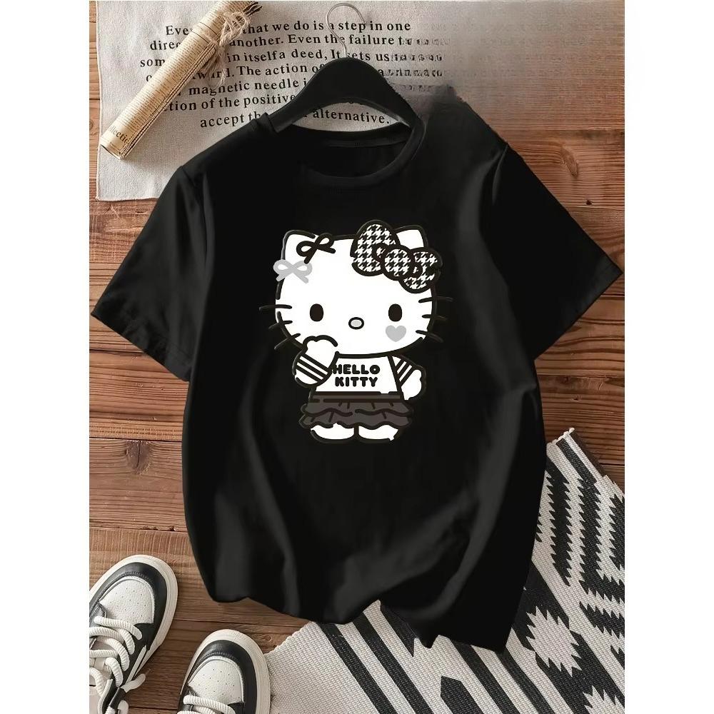 

2026 Summer Hello Kitty Plingham Sweet Girl Style Printed Shortsleeved Comfortable summer loosefitting Womens clothing S