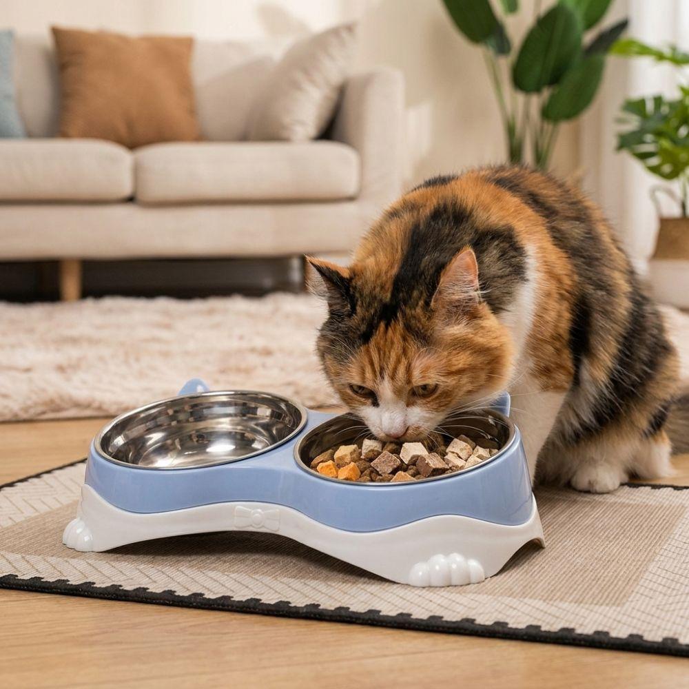 Raised Neck Protection Cat Ear Pet Double Bowl Anti-spill Pet Feeding Bowl Small Pet Food Bowl