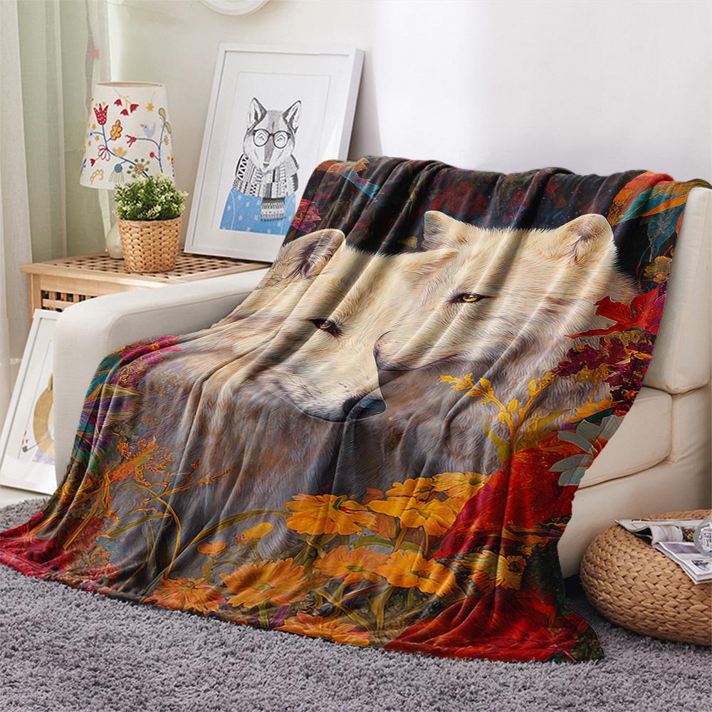 Koc Flanelowy z Nadrukiem Wilka, Wysokiej Jakości, Wygodny na Wszystkie Pory Roku, Wystrój Domu, Ciepło i Komfort, Idealny na Prezenty Świąteczne