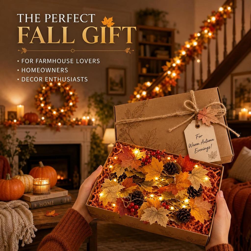 Fall Maple Garland with LED Lights: 5.9ft Artificial Autumn Leaves Hanging Vines for Seasonal Home Décor Thanksgiving Fireplace Mantel Party Decorati