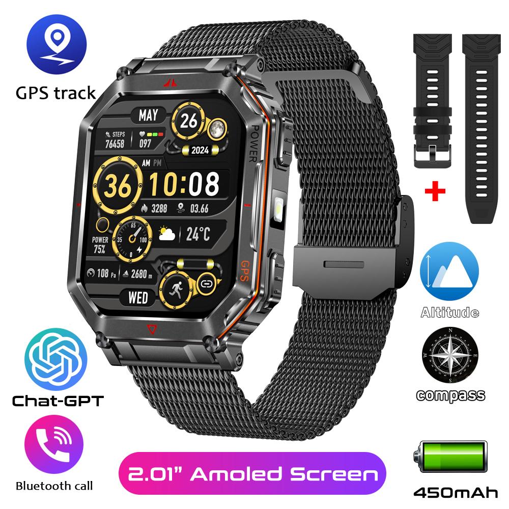 Military Smart Watch for Men with GPS Compass GPT Voice Assistant Smartwatch with LED Flashlight Bluetooth Call Fitness Tracker for Android & iOS