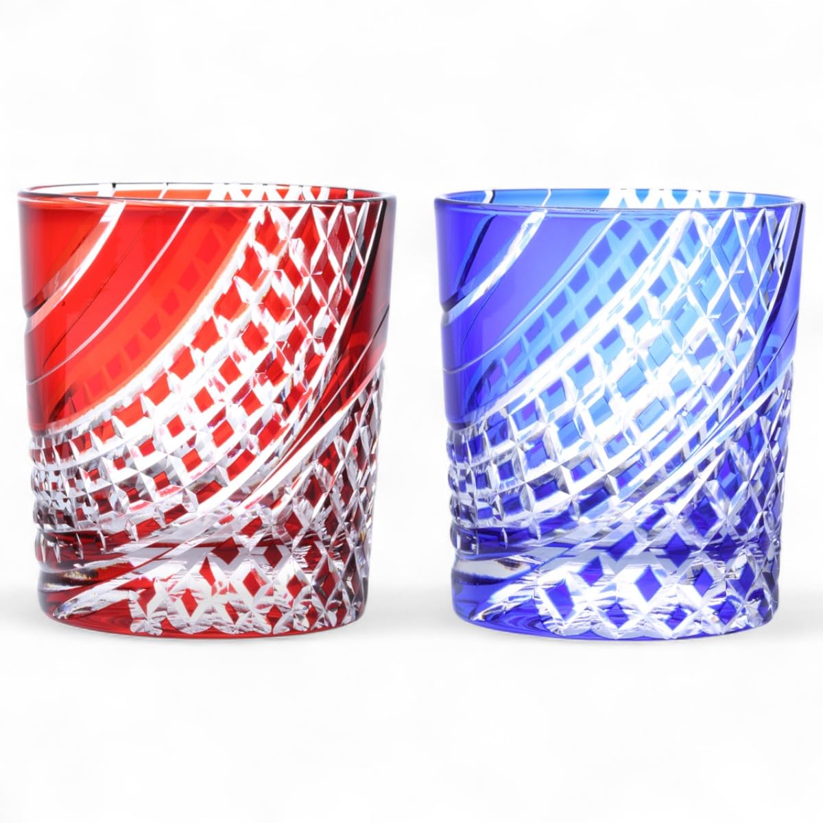 

Mizukage Kiriko Pair of Glass Flowing Water Lattice Red Current Model J-kitchens Cups, 80xH90mm, 280cc, Pattern, & Blue, Bisho,