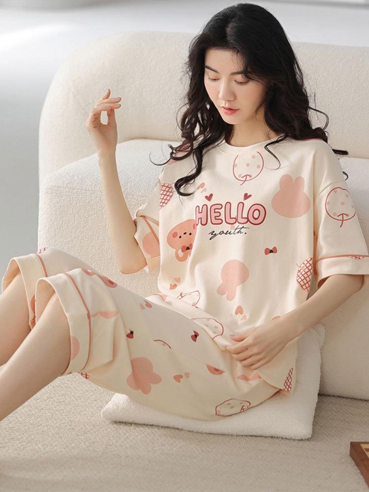 Korean minimalist style pajamas for women, summer cool thin cotton striped cropped pants, letter short-sleeve crew neck loungewear set