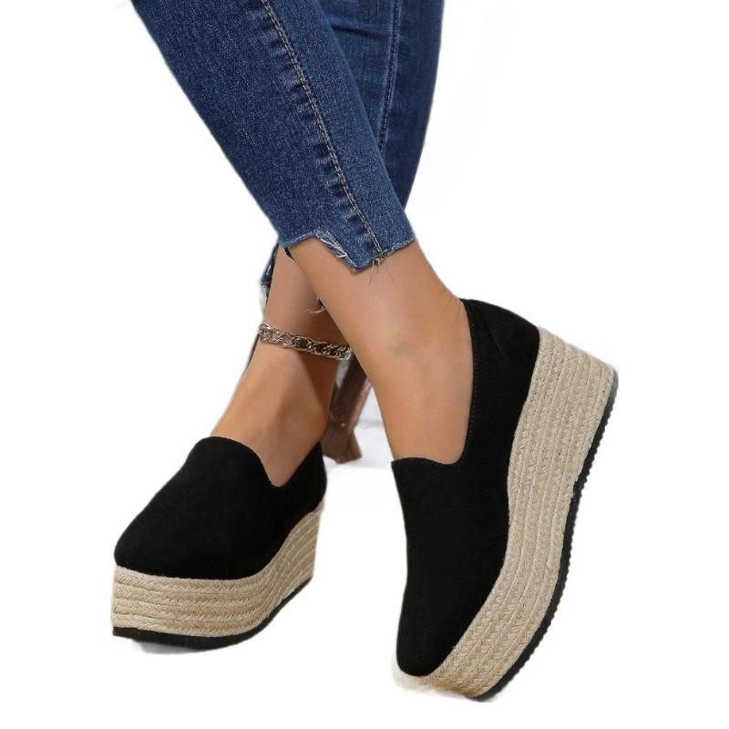 Chaussures décontractées à enfiler une seule chaussure tissées en paille grande taille pour femme à talon compensé chaussures simples
