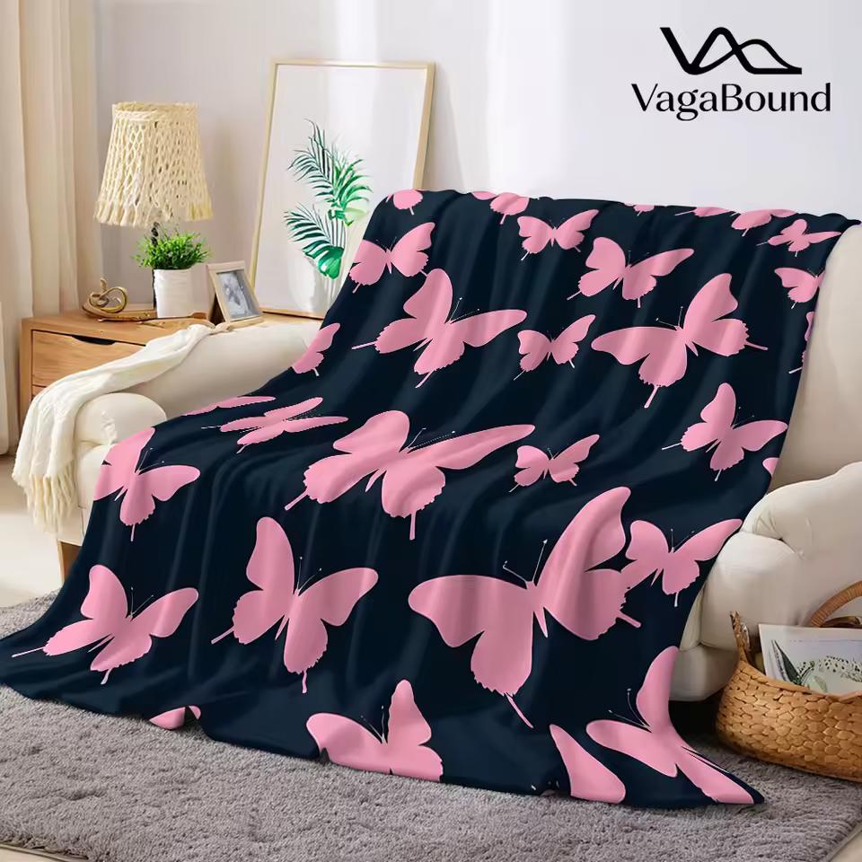 Pink Butterfly Silhouette Flannel Blanket Warm Soft Halloween Christmas Decorative Couch Warm Cozy All-Season Gift
