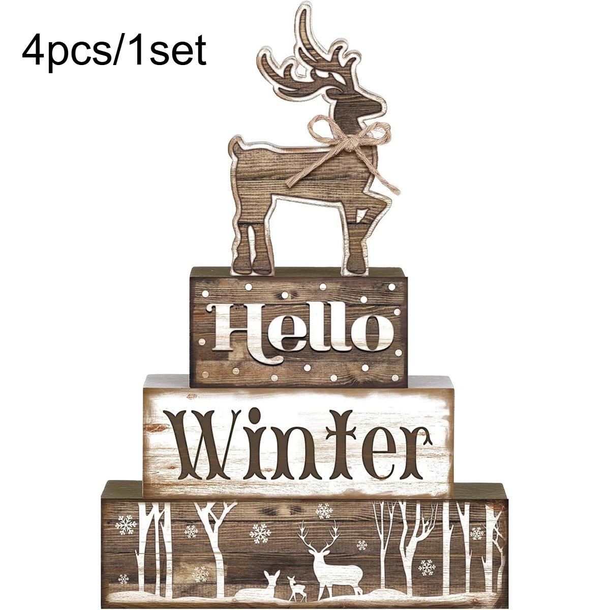 

4pcs Rustic Reindeer PVC Tiered Tray Decor - Classic Christmas Table Centerpiece with Hello Winter Sign, Snowy Forest Scene