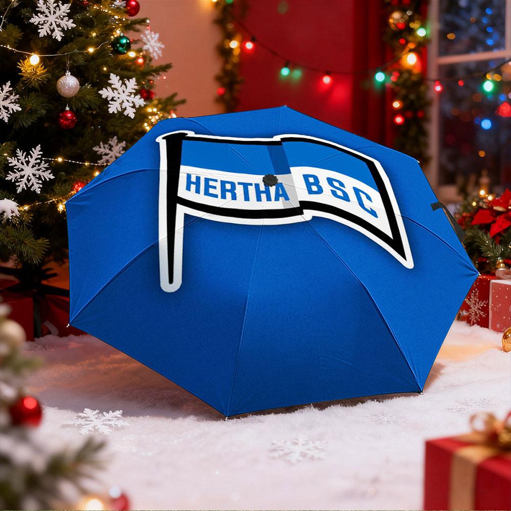 Windproof Umbrella with Hertha BSC Berlin Football Club Flag Crest Print, Blue White Banner Design, Soccer Fan Gift