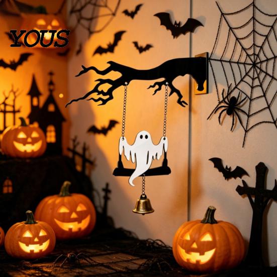 Haunted House Decor Halloween Ghost Swing Bat WELCOME Wind Chime, Bell Door Decoration with Vintage Copper Rustic Metal Bells, Wooden Hanging Ornament