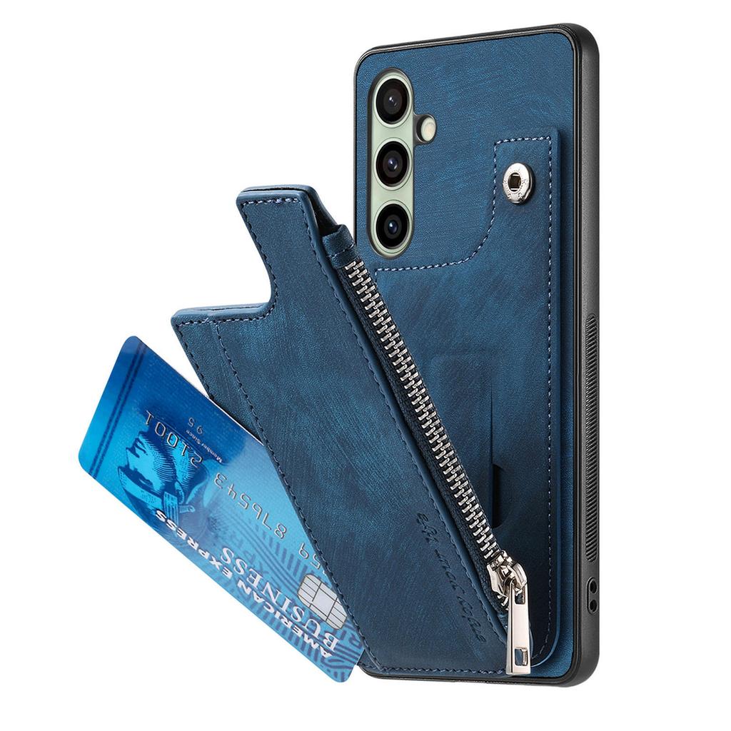 For Samsung Galaxy S24 FE Case Zipper Card Holder Kickstand Leather + PC + TPU Phone Cover