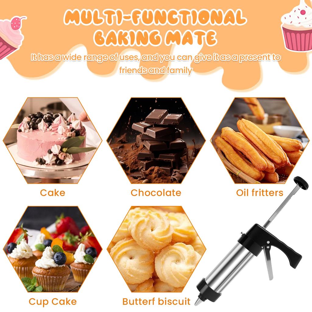 Cookie Press Kit Detachable Stainless Steel Cookie Squeeze Gun Kit with 13 Biscuit Trays 8 Frosting Nozzles Kitchen Baking Tools