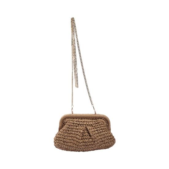 Women Shoulder Bag Slim Metal Chain Straw Braided Solid Color Large Capacity Handbag Shell Shape