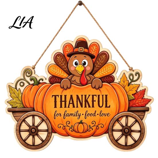 Wooden Craft for Thanksgiving Front Door Hanging Sign, Pumpkin Turkey Pattern Hanger, Autumn Harvest Theme Home Decoration Wall Ornament Farmhouse