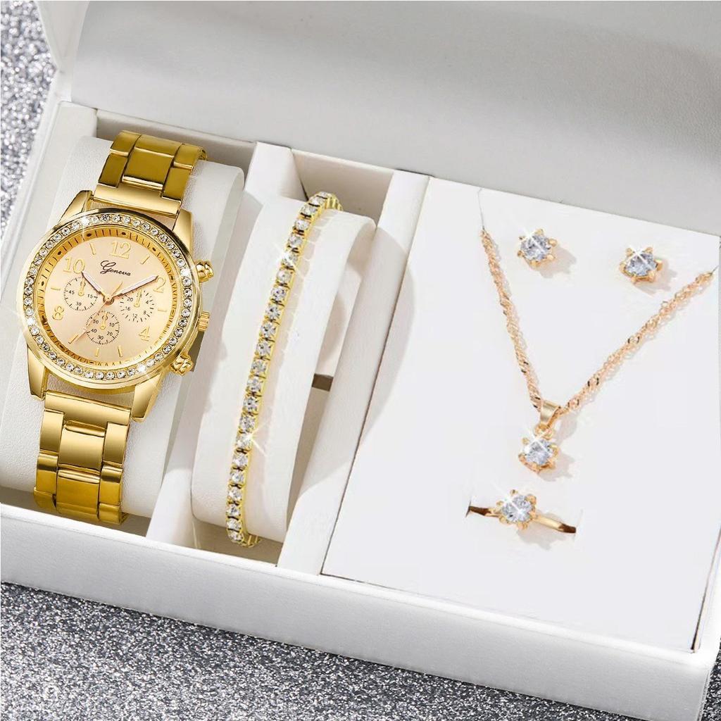 iF ME 6PCS/Set Women's Watch Fashion Steel Band Analog Quartz Watches Jewelry Set Suitable Gifts for Family and Friends (Without Box)