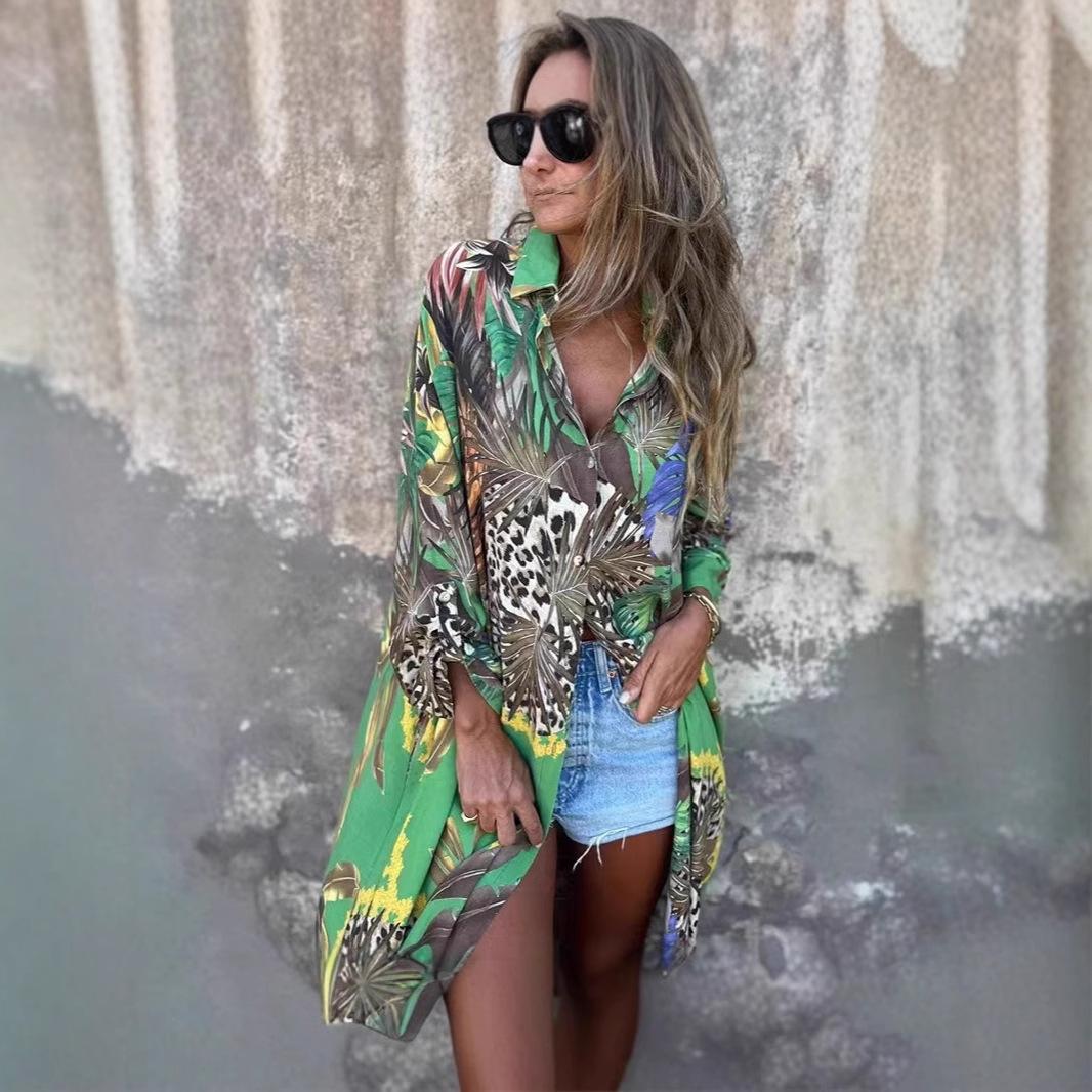 

Женское летнее свободное повседневное платье-рубашка с длинными рукавами и лацканами с принтом M зелёный