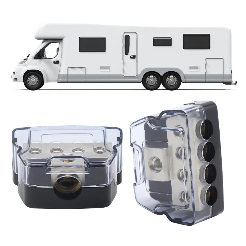 Automotive Sound Wiring Junction Box Power Distribution Unit with One 0GA Input and Four 4GA Outputs Including Adapters